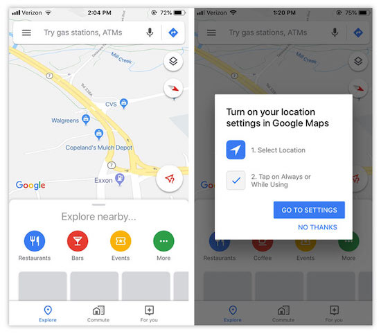screen grab from google maps phone app showing the explore nearby channel next to a second screen grab showing the turn on location settings