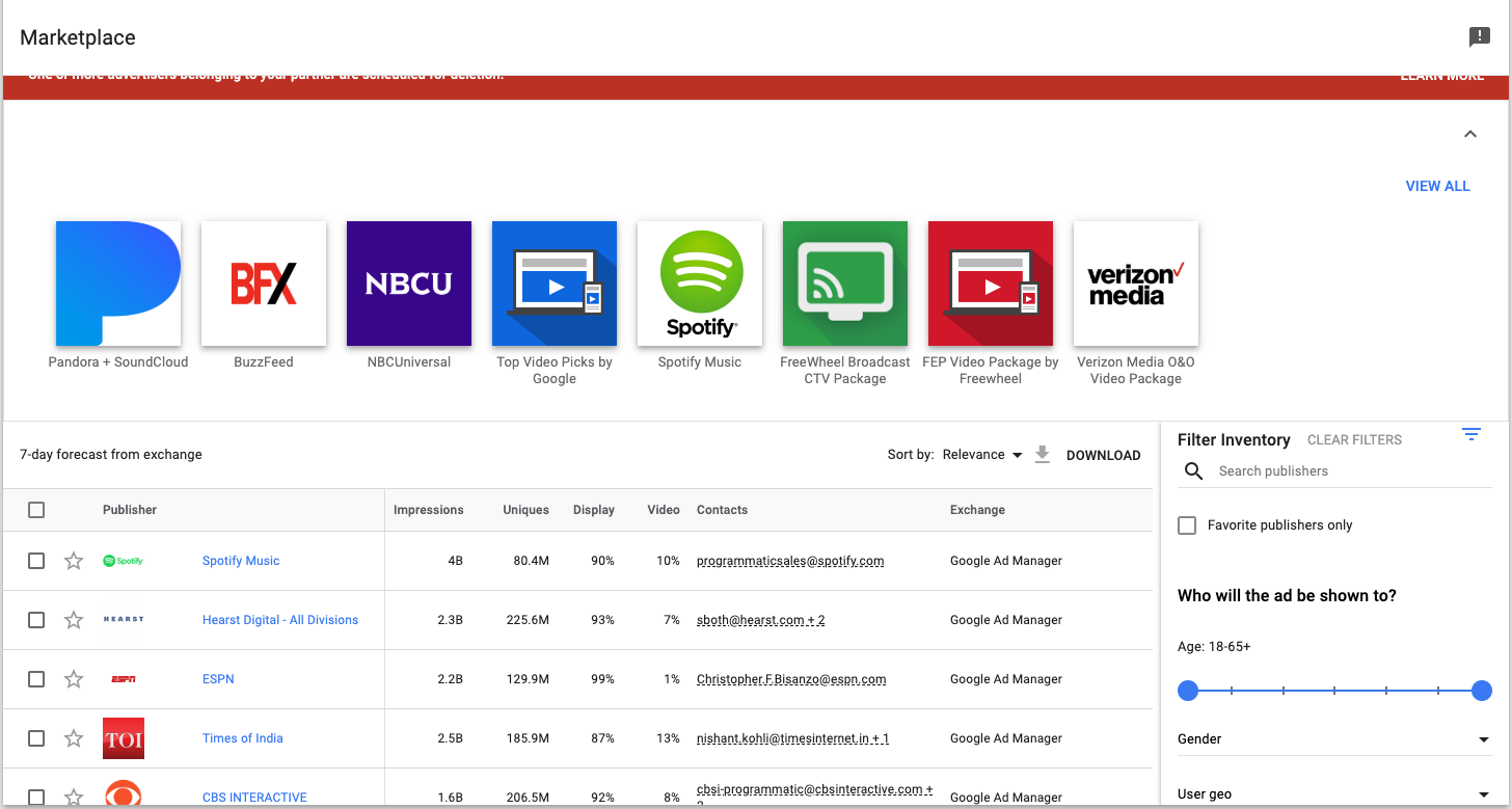 screen grab of the DV360 Marketplace Module