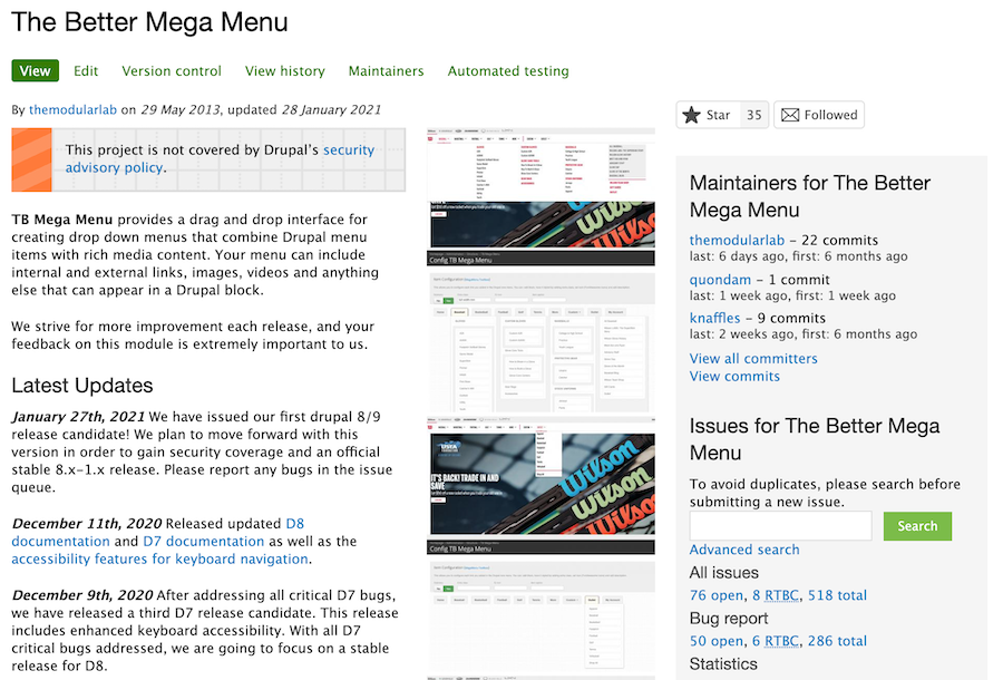 homepage of the TB MegaMenu Drupal module