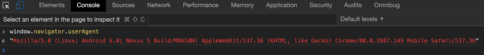 image showing navigator.userAgent in the Chrome Developer Console