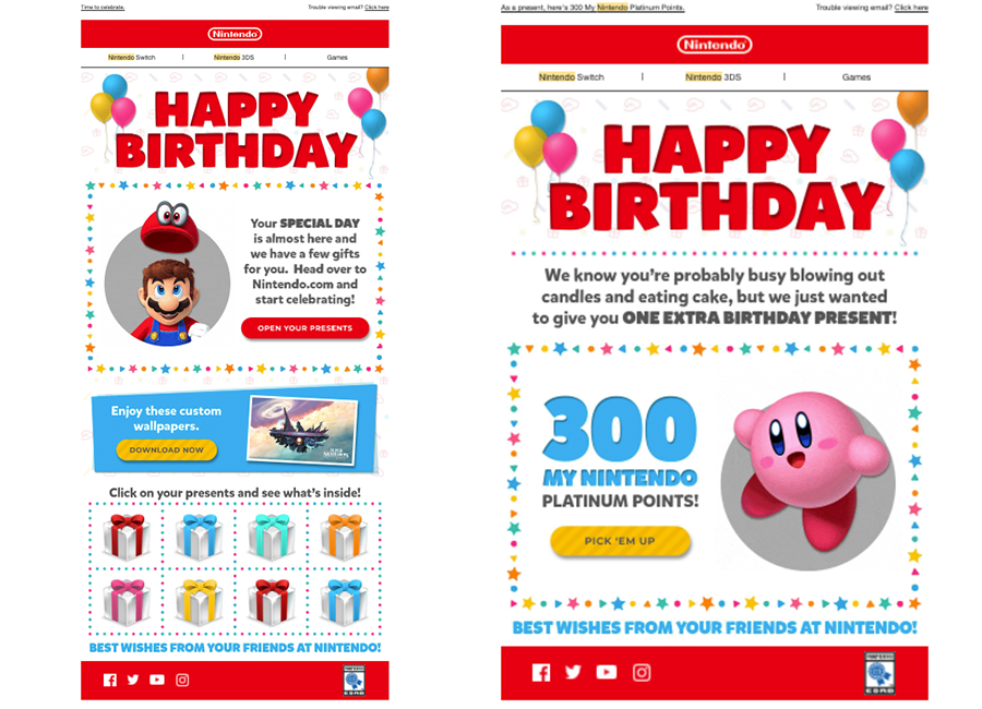 Example of happy birthday emails from Nintendo