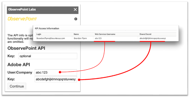 user:company and key populated with information in the Adobe API field of ObservePoint