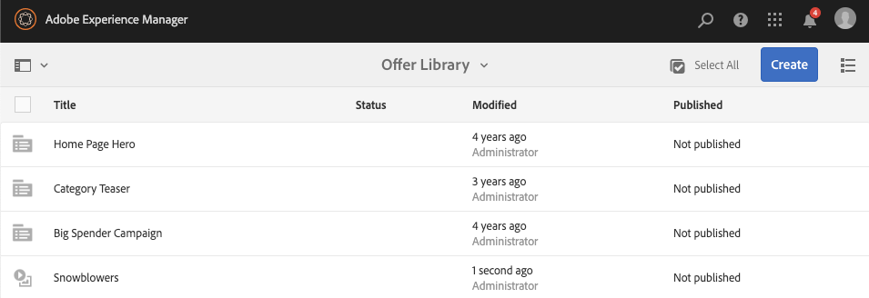 example of offer listings in the Adobe Experience Manager offer library