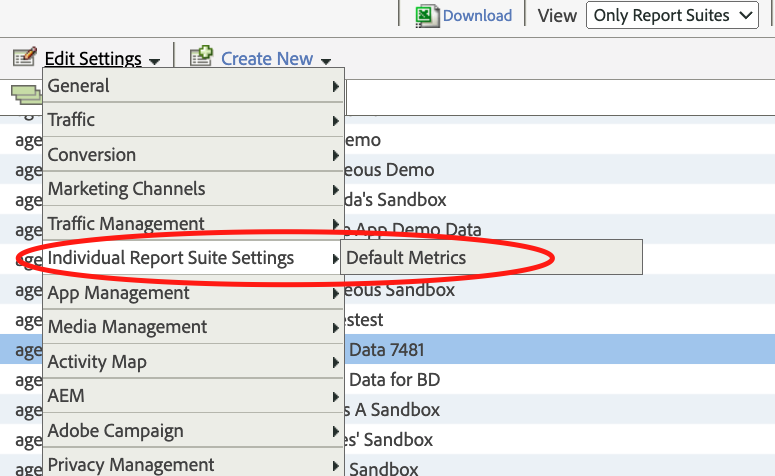 ""report suite default metrics