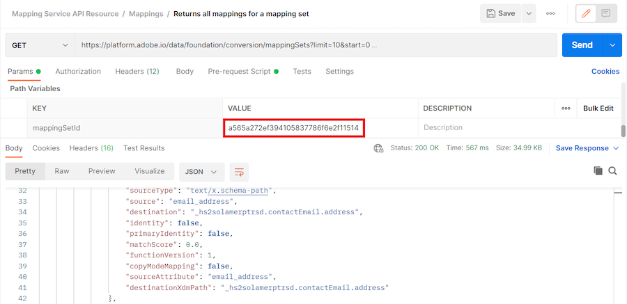 value shown in the return all mappings for a mapping set for Mapping set ID