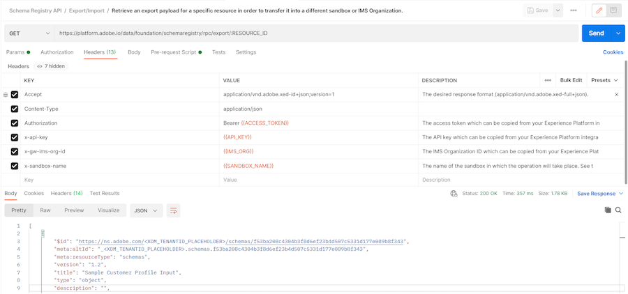 Schema Registry API shown with correction made to the Adobe Postman collection