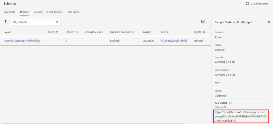 schema dashboard with Schema ID shown very bottom under API Usage