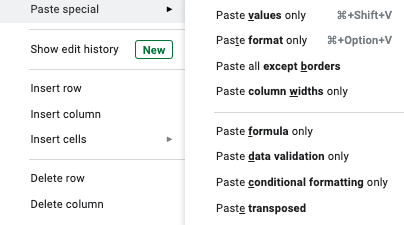 option shown to Paste Values