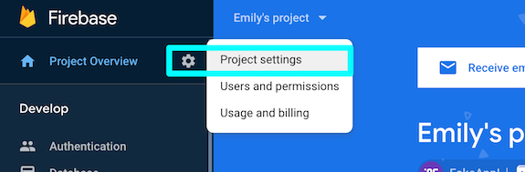 image showing Firebase project settings