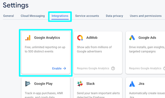 image showing Google Analytics as an available option under the integrations tab in Firebase