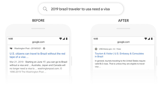 image showing Google search results before and after BERT algorithm was applied