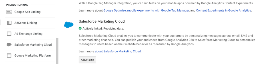 Salesforce Marketing Cloud showing as actively linked in Google Analytics