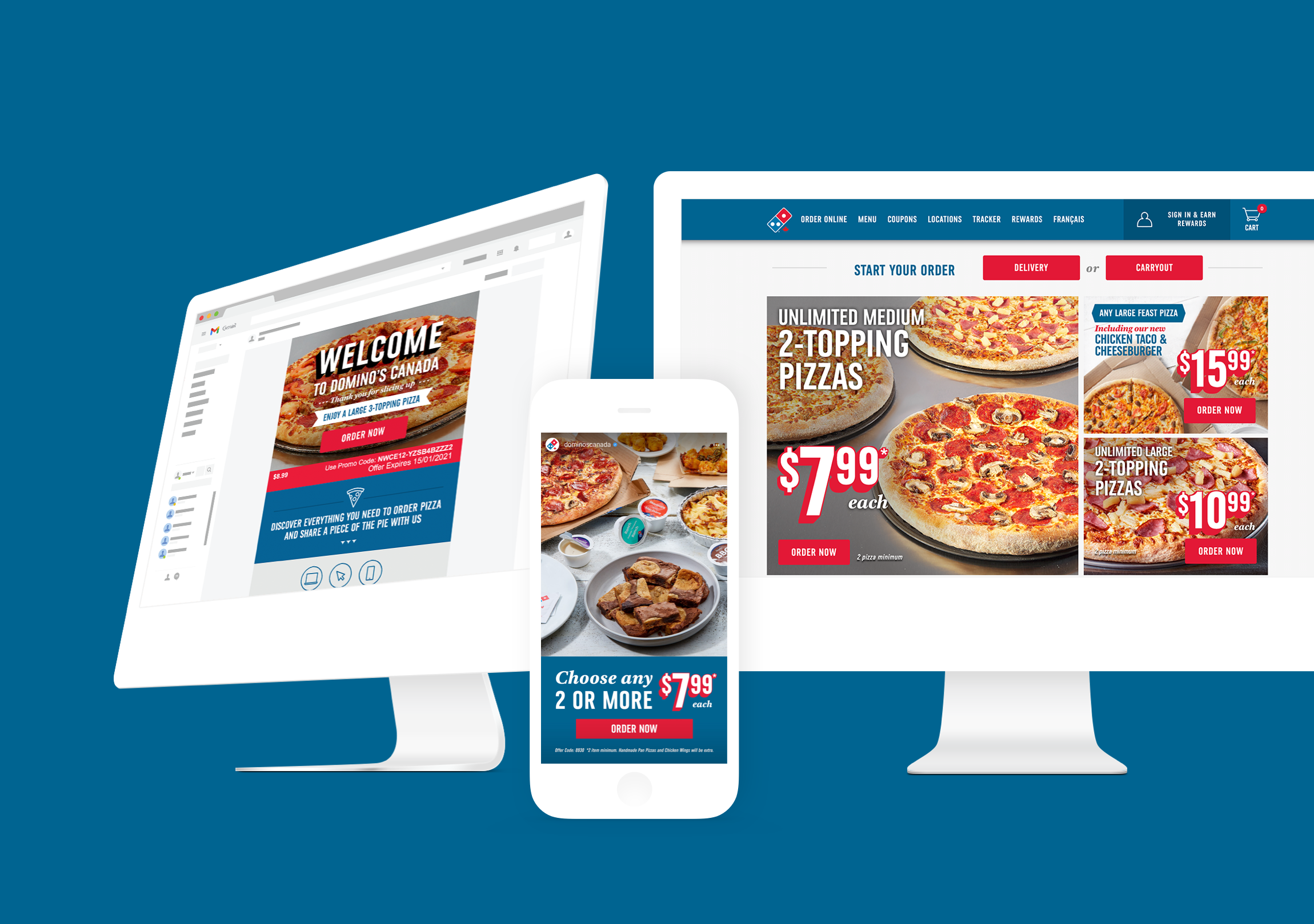 Domino's Canada Site shown on two desktops and the mobile app shown on a phone screen