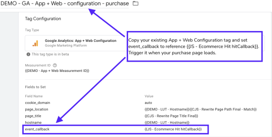 image showing app + web configuration for purchase event calback