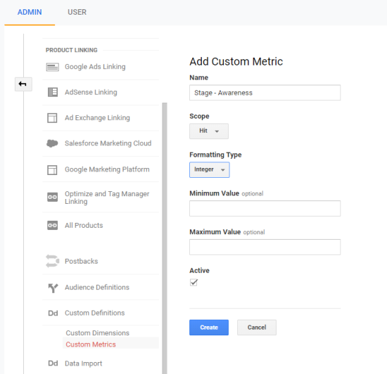 image of where to create a New Custom Metric in Google Analytics