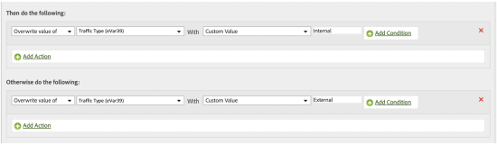 image capture of making a new rule with the eVar custom value of internal or external
