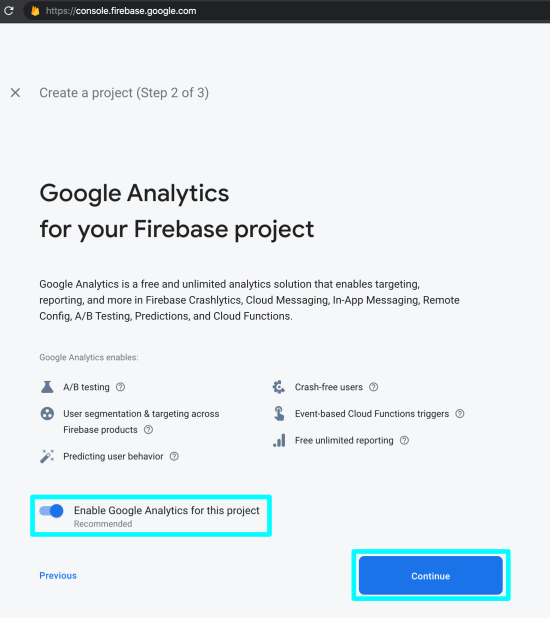 image showing where to enable Google Analytics for your Firebase project