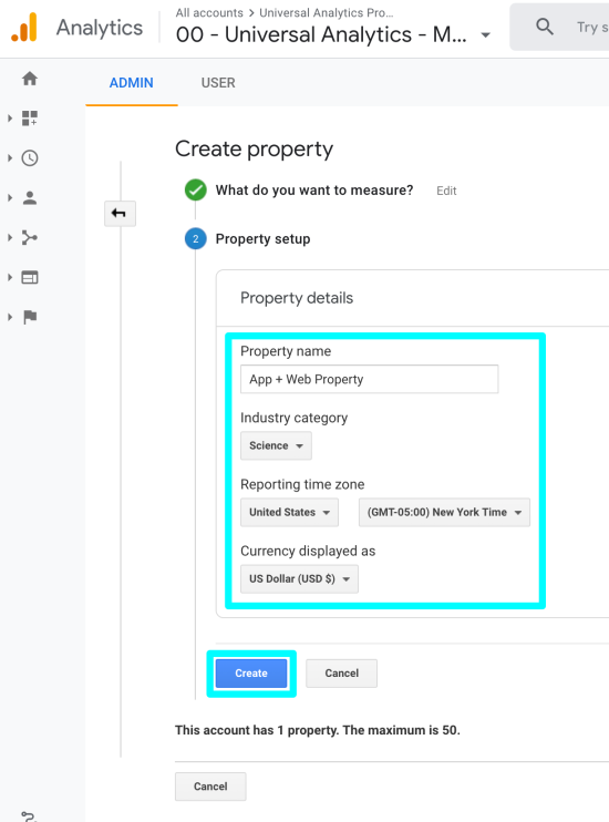 image showing last step to create app + web property in google analytics