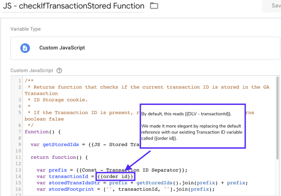 image showing example of the variable “JS - checkIfTransactionStored Function”