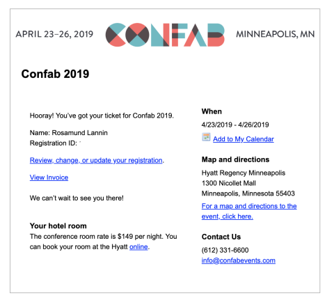 screenshot of the confab registration confirmation email