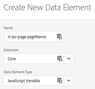 image showing create new data element to retrieve the page name from the JavaScript variable