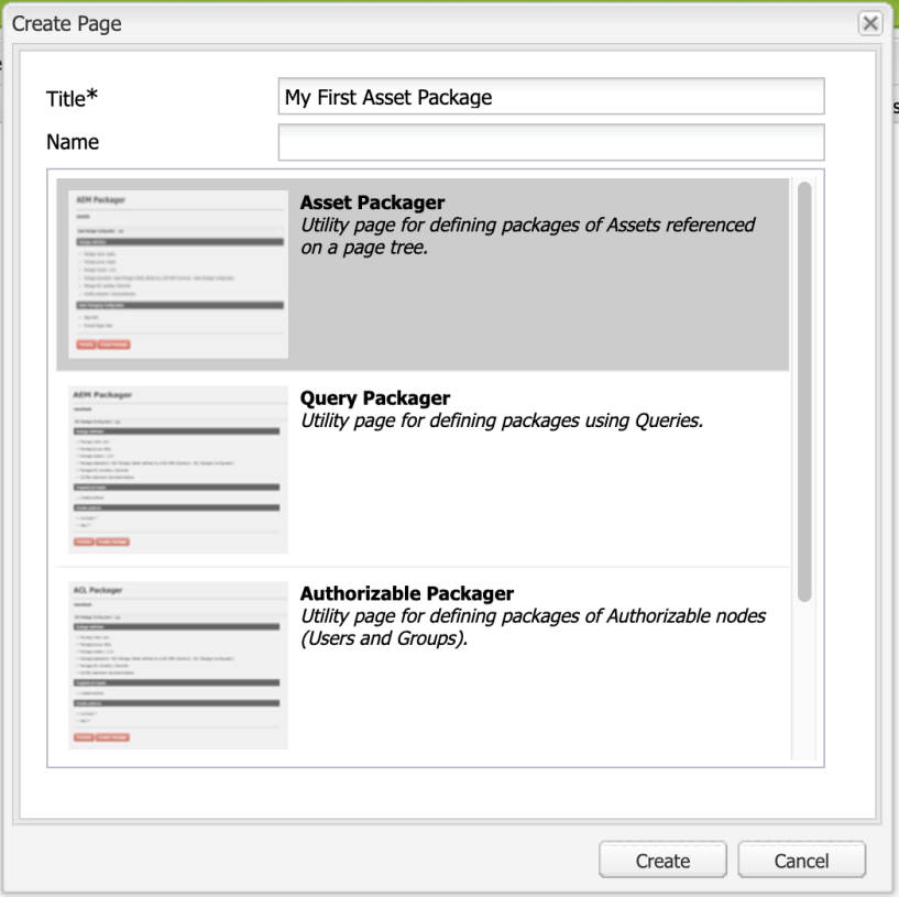 screen grab of creating a packager page