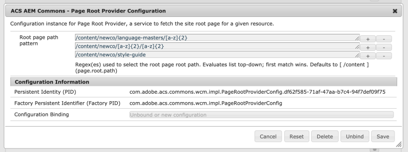 screen shot of page root provider config