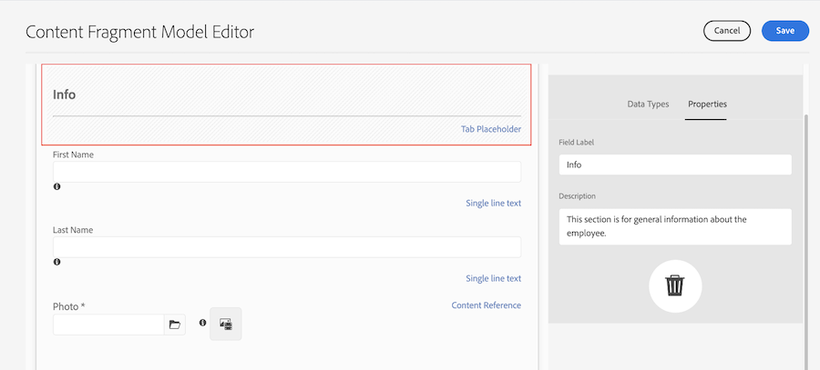 image showing the tab placeholder circled in the content fragment model editor