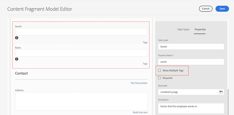 Tags Field shown in the content fragment model editor
