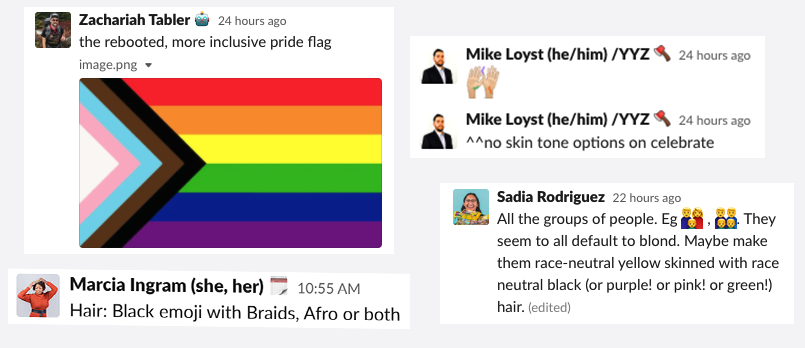 team member slack comments on which emojis they'd like to see diversified