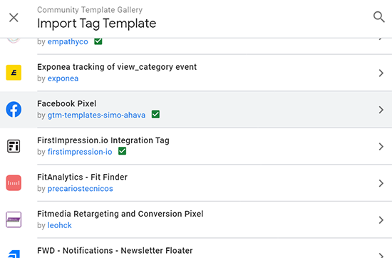 Image of community template gallery showing the Facebook pixel option by Simo Ahava