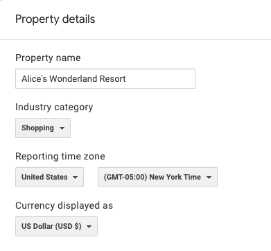 Time Zone & Currency Settings shown in the GA4 dashboard