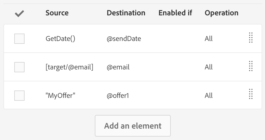 ""Screenshot of editing the Update Data step. We want to set values for the Email and Send Date, plus any desired fields such as Offer1.