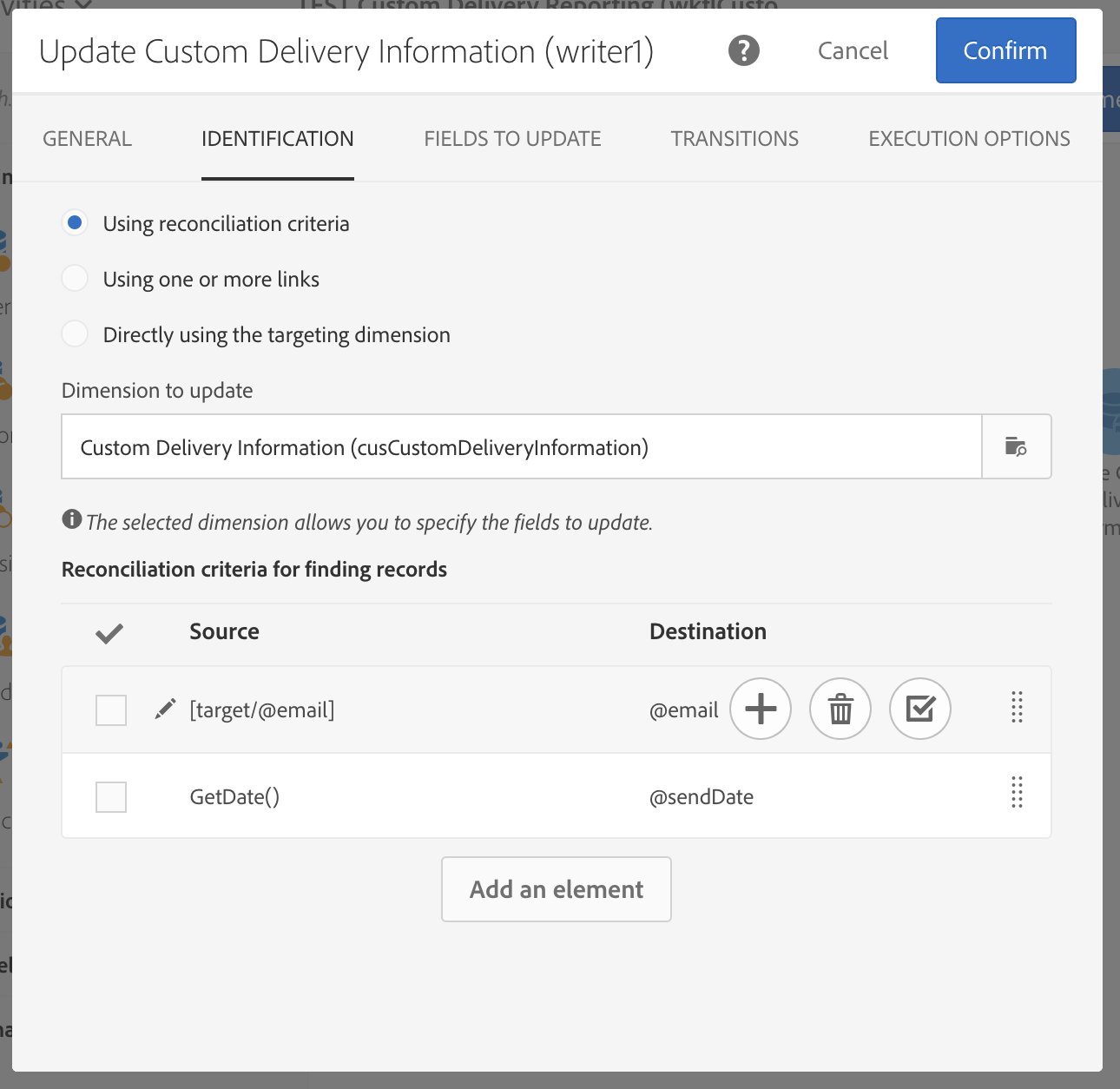 ""Screenshot of editing the Update Data step. Of note is that we want to reconcile to the Custom Delivery Information using Email and Send Date.