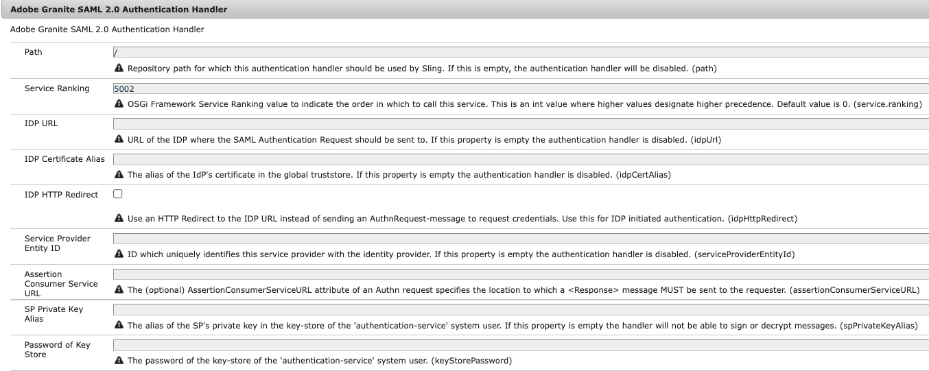 "Adobe Granite SAML 2.0 Authentication Handler OSGI Config”