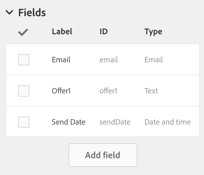 ""Screenshot of the Custom Resource Fields. We define Email, Offer1, and Send Date.