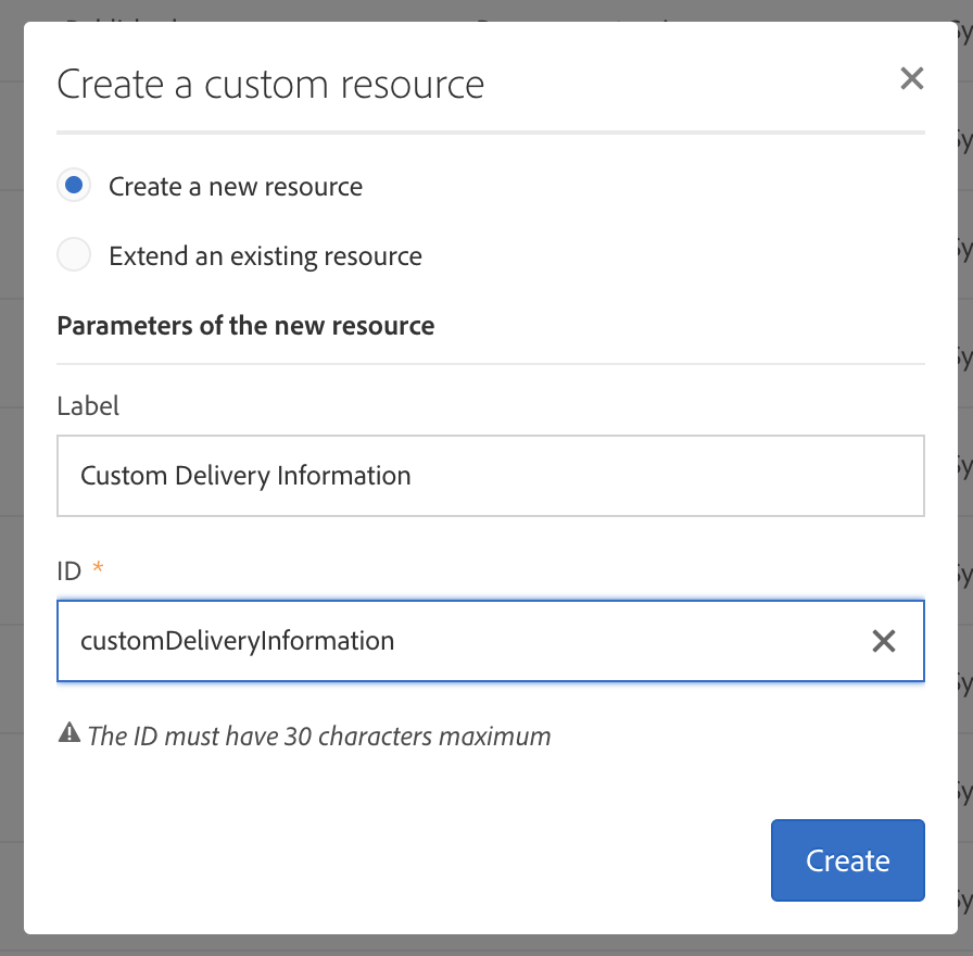 ""Image of the Create a custom resource screen.