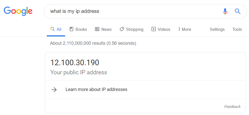 google search for 'what is my ip address'