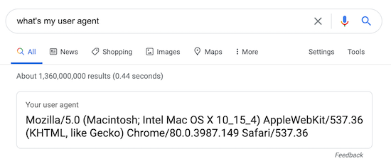 Image showing Google search results for what's my user agent