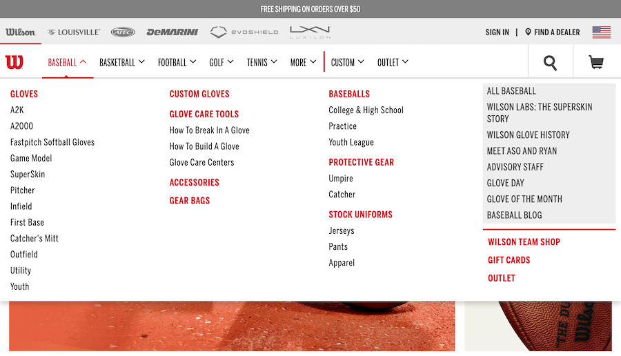 Wilson Sporting Goods Site Menu